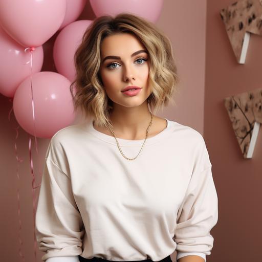 a girl wearing a white plain smooth Gildan sweater with brown short hair  with background of a pink wall with hearts and some dark red ballons --style raw --s 750