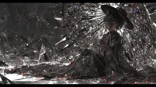 a girl wearing black hat and earring sitting in a giant crystal cave, in the style of cyberpunk manga, dark silver and dark red, bold character designs, dark and intricate, sharp focus, vanitas, appropriation artist minimalist black background, dark grey blended with black with red eyes, redeyed, in black and dark gray, distinctive noir western hat, in the style of charming anime characters, 8k, gothcore, dark reflections, 3d game art, black and dark grey with silver and red highlights. --ar 16:9 --s 1000 --niji 6 --style raw