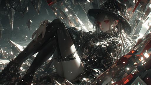a girl wearing black hat and earring sitting in a giant crystal cave, in the style of cyberpunk manga, dark silver and dark red, bold character designs, dark and intricate, sharp focus, vanitas, appropriation artist minimalist black background, dark grey blended with black with red eyes, redeyed, in black and dark gray, distinctive noir western hat, in the style of charming anime characters, 8k, gothcore, dark reflections, 3d game art, black and dark grey with silver and red highlights. --ar 16:9 --s 1000 --niji 6 --style raw