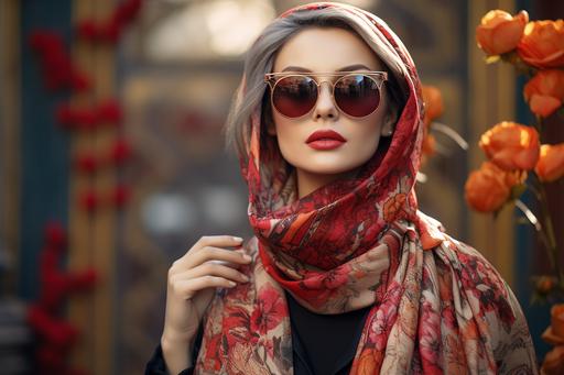 a girl wearing glasses, scarf and sunglasses in a city, in the style of luxurious fabrics, meticulous design, hurufiyya, sterling silver highlights, light crimson and light black, floral, precise craftsmanship --ar 3:2