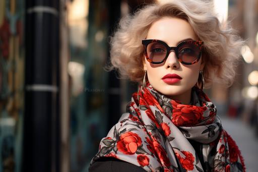 a girl wearing glasses, scarf and sunglasses in a city, in the style of luxurious fabrics, meticulous design, hurufiyya, sterling silver highlights, light crimson and light black, floral, precise craftsmanship --ar 3:2