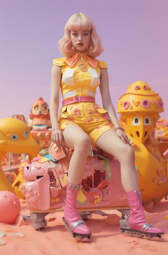 a girl wearing rollerblades and bright orange shoes, in the style of vintage-inspired pin-ups, dark yellow and light pink, poolcore, colorful sand sculptures, seaside vistas, kidcore, biopunk, contemporary candy-coated --ar 37:56