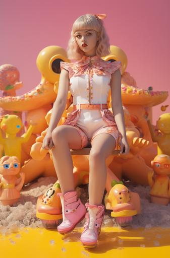 a girl wearing rollerblades and bright orange shoes, in the style of vintage-inspired pin-ups, dark yellow and light pink, poolcore, colorful sand sculptures, seaside vistas, kidcore, biopunk, contemporary candy-coated --ar 37:56
