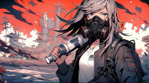 a girl with a sleeveless business suit with a gas mask, , holding a bat, wasteland city background, advertising phamplet --ar 16:9 --niji