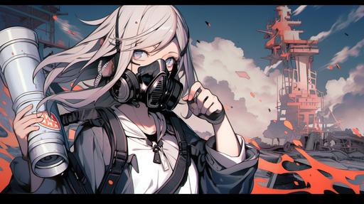 a girl with a sleeveless business suit with a gas mask, , holding a bat, wasteland city background, advertising phamplet --ar 16:9 --niji