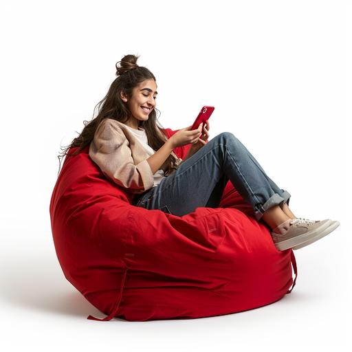 a girl with arab features with dark brown hair setting on a red bean bag holding her phone and smiling, isolated on white bachgroud,commercial photography, photorealistic, Intricate details, 32K, Long Shot(LS), HDR --ar 1:1 --v 6.0