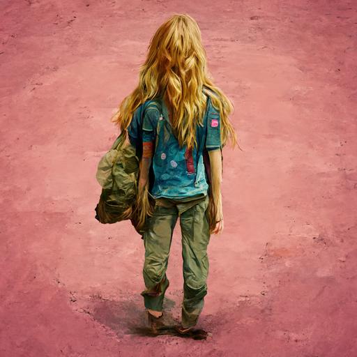 a girl with long blonde hair, dark eyes, freckles, light skin tone, wearing a pink shirt, wearing camouflage jeans, playing hopscotch