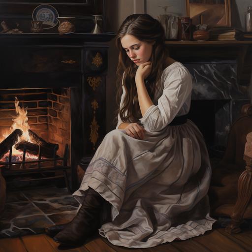 a girl with long brown hair in a worn 1800s dress sits on her belly with her chin in her hands looking at the fireplace, kicking her feet up behind her in her stocking feet. around her are her three sisters, in the style of Little Women.