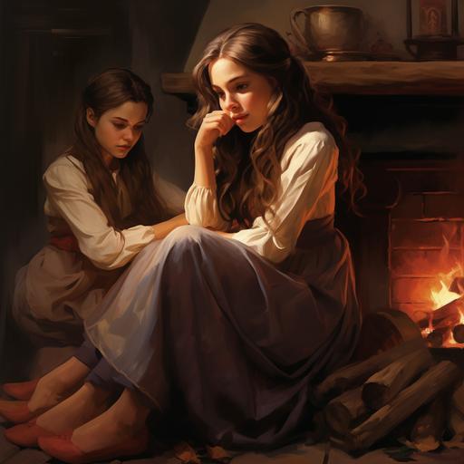 a girl with long brown hair in a worn 1800s dress sits on her belly with her chin in her hands looking at the fireplace, kicking her feet up behind her in her stocking feet. around her are her three sisters, in the style of Little Women.