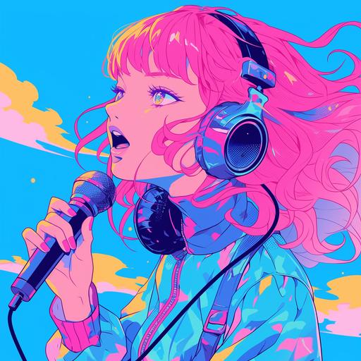 a girl with pink hair wearing headphones is singing with a microphone, halftone, in the style of feminine sticker art, celestial, shiny/glossy, bold, cartoonish lines, prismatic portraits, sky-blue and pink, unique characters --niji 6