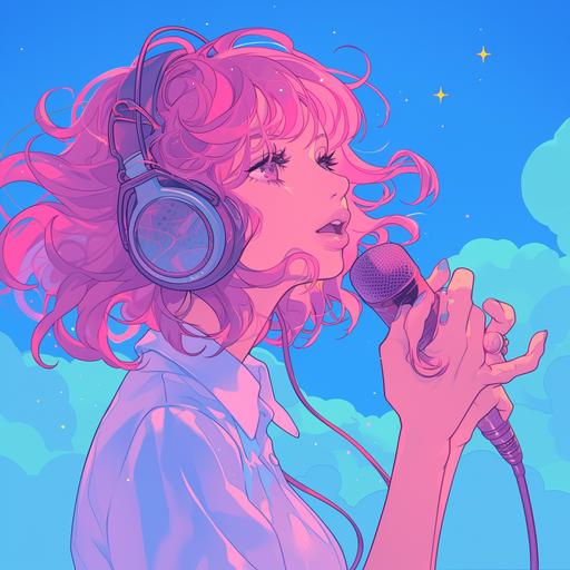 a girl with pink hair wearing headphones is singing with a microphone, halftone, in the style of feminine sticker art, celestial, shiny/glossy, bold, cartoonish lines, prismatic portraits, sky-blue and pink, unique characters --niji 6