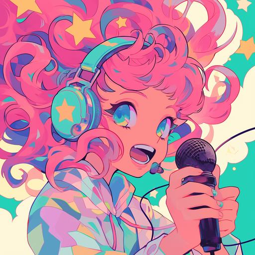 a girl with pink hair wearing headphones is singing with a microphone, halftone, in the style of feminine sticker art, celestial, shiny/glossy, bold, cartoonish lines, prismatic portraits, sky-blue and pink, unique characters --niji 6