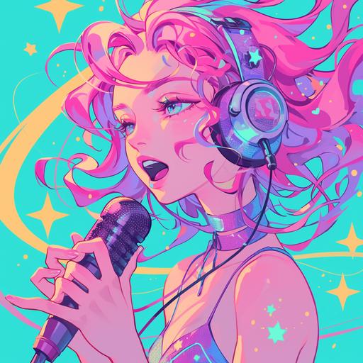 a girl with pink hair wearing headphones is singing with a microphone, halftone, in the style of feminine sticker art, celestial, shiny/glossy, bold, cartoonish lines, prismatic portraits, sky-blue and pink, unique characters --niji 6