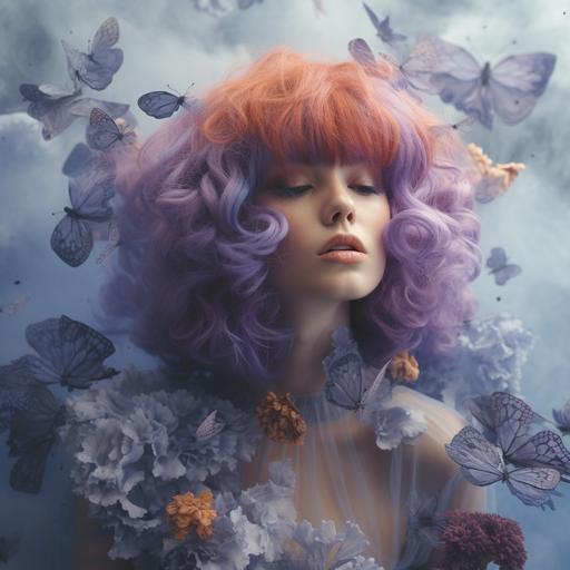a girl with purple wig breathes in smoke between flowers and butterflies, in the style of hyperrealistic compositions, light amber and sky-blue, postmodern photomontage, made of insects, organic sculptures, matte photo, photo-realistic compositions