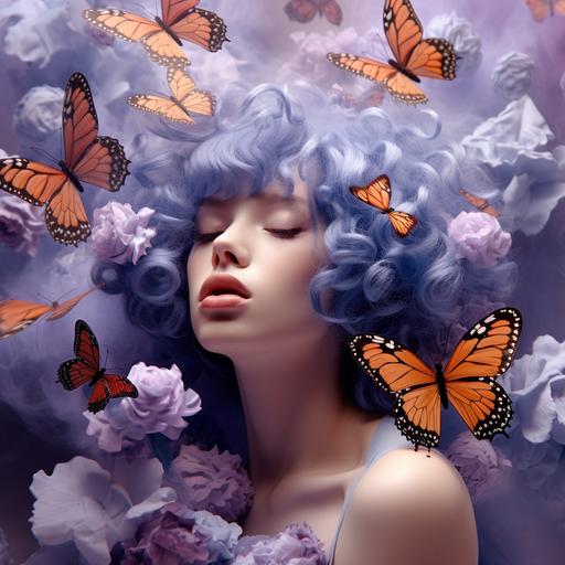 a girl with purple wig breathes in smoke between flowers and butterflies, in the style of hyperrealistic compositions, light amber and sky-blue, postmodern photomontage, made of insects, organic sculptures, matte photo, photo-realistic compositions