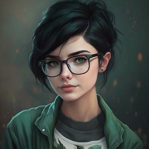 a girl with short black hair, pixie hair ,wearing glasses, have cute face , age 16, fair White Skin, wearing green t shirt, black pant, indian