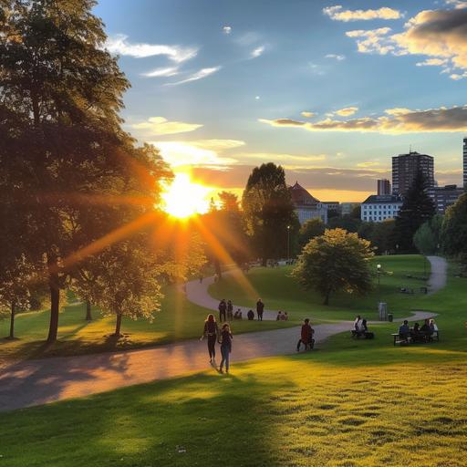 a glad og light picture from a park with barbeque and chilling, and holyday things to do in Oslo. The city is the Norwegian city Oslo. with the Word «velkommen» over the picture