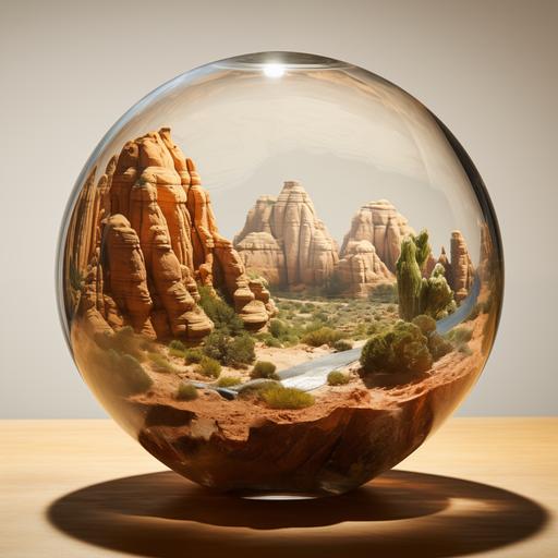 a glass globe containing a desert in the style of Southern Utah