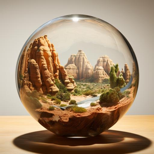 a glass globe containing a desert in the style of Southern Utah