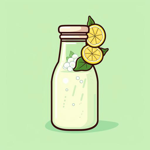 a glass milk bottle with lemonade in it, mint green background, animated style, cartoon type, cute and delicious, premium