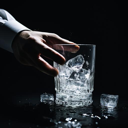 a glass of ice water in a dark room being squeezed by a wedding band.