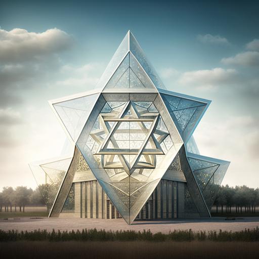 a glass synagogue in the shape of a 3D star of david