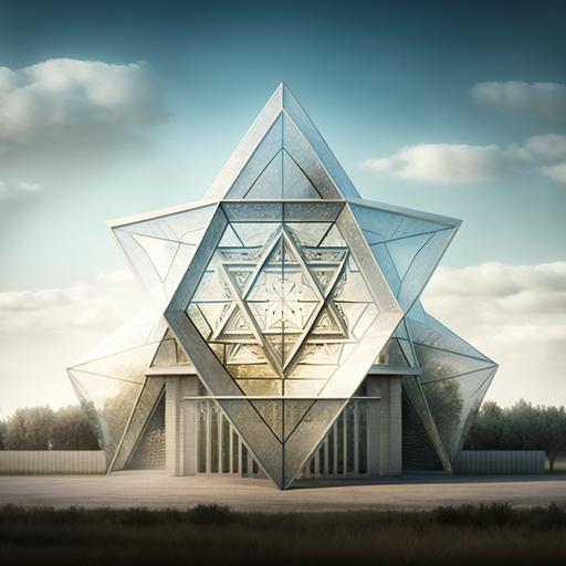 a glass synagogue in the shape of a 3D star of david