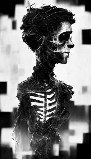 a glitch art skeleton, side view, comic art style, glitch art, dark background , portrait --uplight --ar 9:16