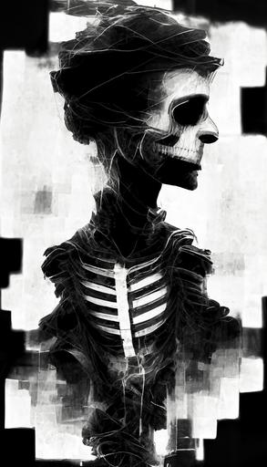 a glitch art skeleton, side view, comic art style, glitch art, dark background , portrait --uplight --ar 9:16