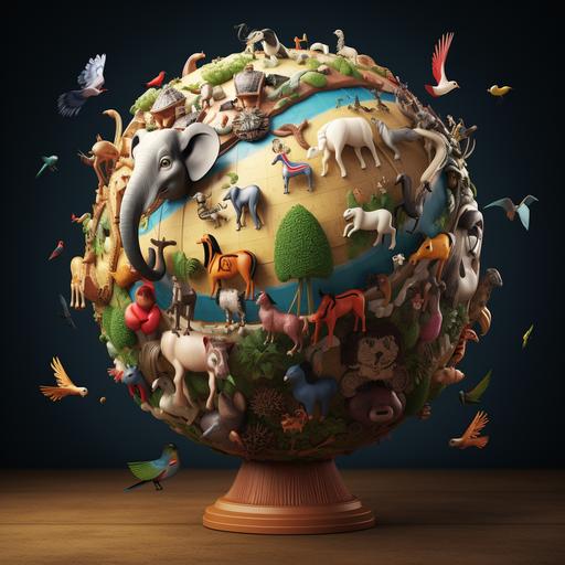 a globe with a cartoon of the most famous animal in every coutry