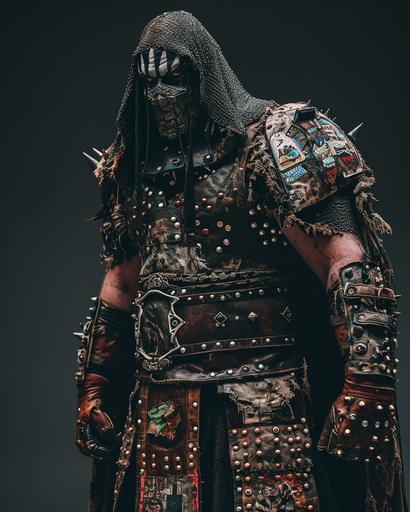 a glossy 8x10 photo featuring the popular wrestler Max The Impaler, known as the non-binary nightmare. In this striking image, Max is decked out in captivating medieval grunge ring gear that includes worn leather, metal studs, and patches. The wrestler stands with an imposing presence, sneering at the viewer with an air of confidence and defiance. The medieval grunge aesthetic is evident in Max's attire, with accessories like tattered cloaks and unconventional armor contributing to their intimidating persona. The glossy finish enhances the details, capturing the intensity in Max's eyes and the grit of their wrestling persona. The overall image exudes a powerful combination of non-binary expression, medieval rebellion, and the fearless attitude that defines Max The Impaler's character in the world of professional wrestling. Genderless, enbycore, enbywave, enbypunk --ar 8:10 --v 6.0 --no man, men, woman, women