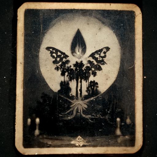 a glow in the dark arrow embedded in a tintype daguerrotype of an occult laurel canyon party