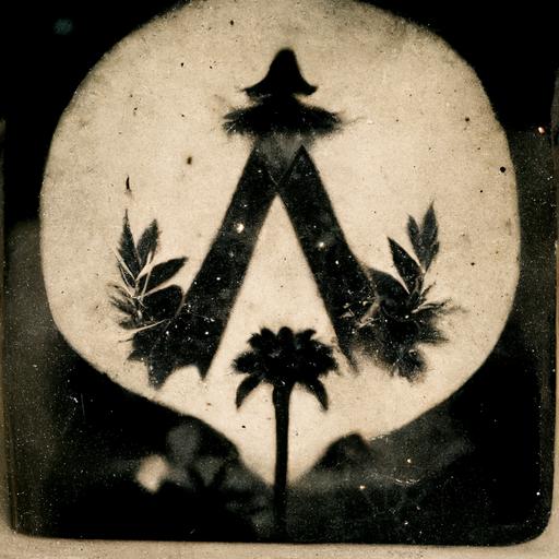 a glow in the dark arrow embedded in a tintype daguerrotype of an occult laurel canyon party