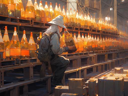 a gnome standing beside gold bottles, in the style of sci-fi anime, reimagined by industrial light and magic, paul hedley, makoto shinkai, yellow and amber, depictions of labor, majestic ports --s 250 --niji 5 --ar 4:3