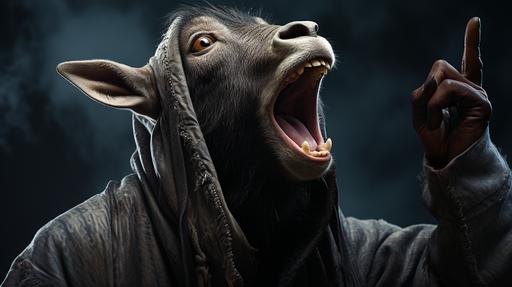 a goat humanoid character shouting, holding a cell phone up, black hooded sweater, tongue out, up close --ar 16:9 --stylize 250 --v 5.2