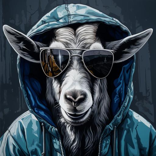 a goat with sunglasses and a hoodie, street art, grey background --v 5.2