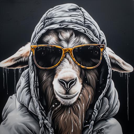 a goat with sunglasses and a hoodie, street art, grey background --v 5.2
