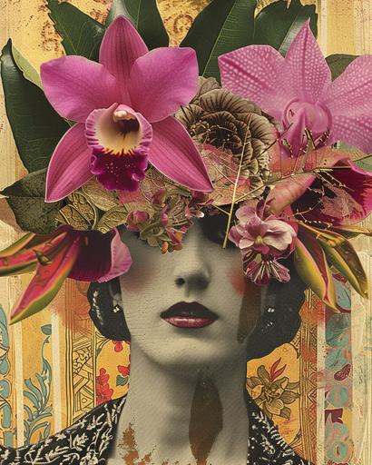 a goddess wearing a rose dendrobium headpiece and flower crown, in the style of colorful mixed-media collages, hispanicore, exotic realism, serene faces, use of vintage imagery, bold mixed media --ar 4:5 --v 6.0