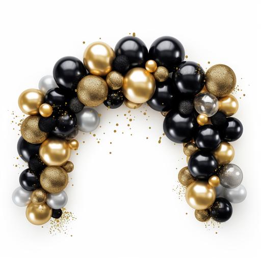 a gold and black balloon arch on a white background, sparkles, glitter, ultra detailed, real