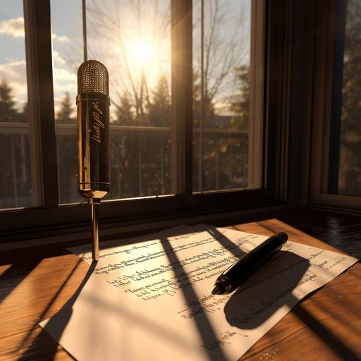 a gold and black microphone, behind a window pane with large words written on the window in cursive, hd, 4k, super realistic, sun glare, ink pen on table