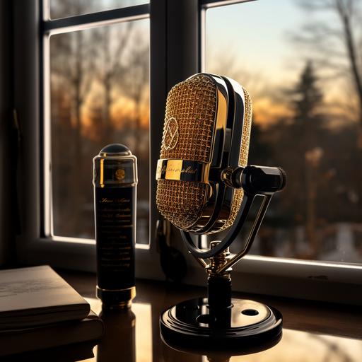 a gold and black microphone, behind a window pane with poetry written on the window in cursive, hd, 4k, super realistic