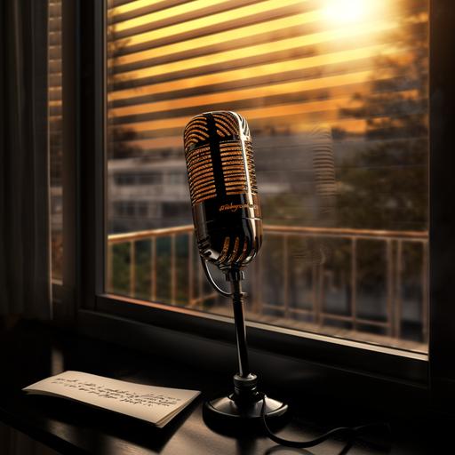 a gold and black microphone, behind a window pane with poetry written on the window in cursive, hd, 4k, super realistic