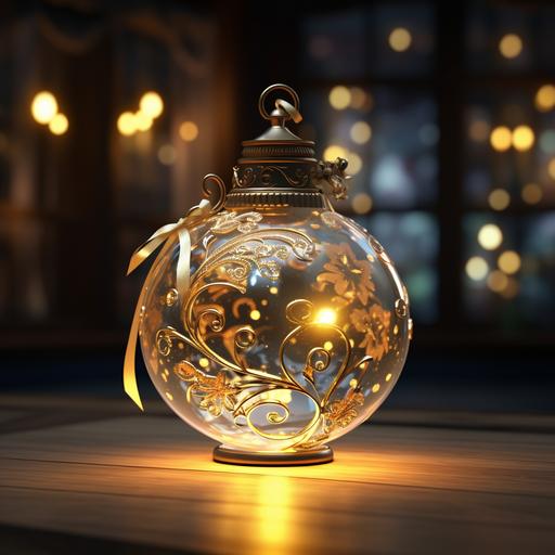 a gold and silver, transparent Christmas ornament, glowing luminescent from the inside containing fireflies, intricate details, 4K, photorealistic, unreal engine, v 6