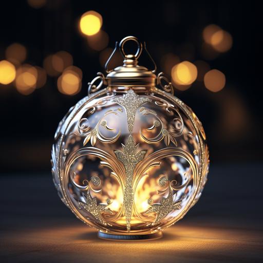 a gold and silver, transparent Christmas ornament, glowing luminescent from the inside containing fireflies, intricate details, 4K, photorealistic, unreal engine, v 6