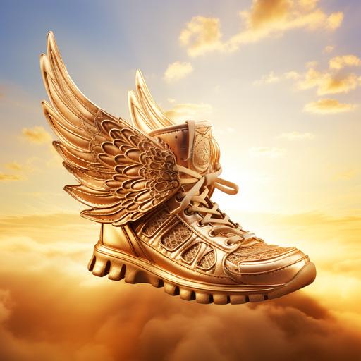 a gold flying shoe with wings during sunrised