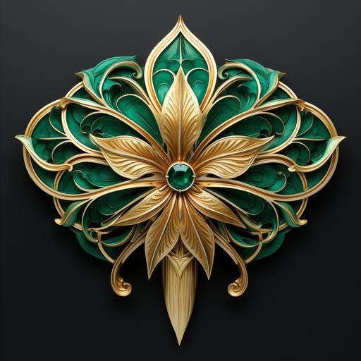 a gold leaf brooch with emerald and diamond patterns, in the style of anne stokes, wall sculpture and installation, lacquer painting, peter cross, ornamental details, brothers hildebrandt, intertwining materials --s 50