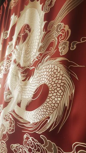 a gold leaf print of a loong dragon in a red curtain, in the wind --ar 9:16 --v 6.0