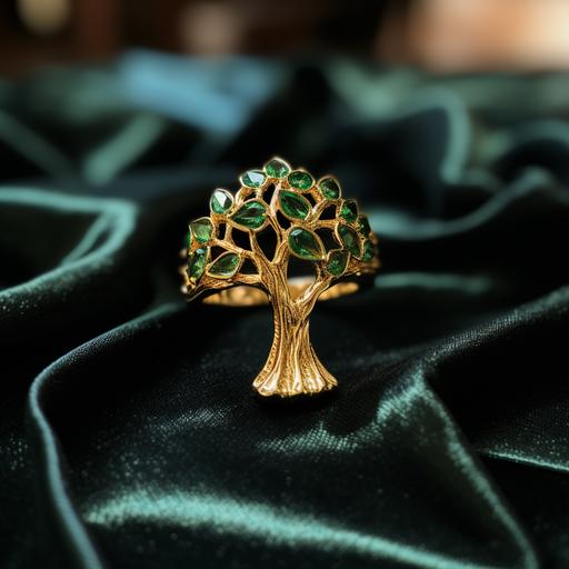 a gold ring with a tree on top with emerald leaves on a black tablecloth