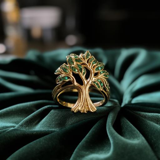 a gold ring with a tree on top with emerald leaves on a black tablecloth