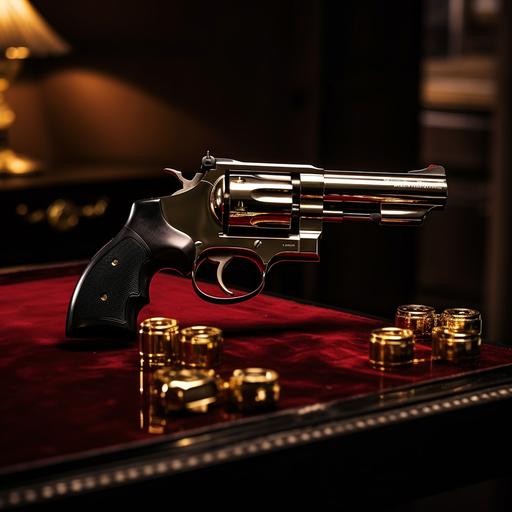 a golden 357 smith & Wesson magnum in a luxury design black box with dark red velvet cushion inside , on a black shiny table, one golden bullet is on the table , cinematic shot, dark cinematic lighting chaos 5,ar 16:9,v 5.1,stylize 750